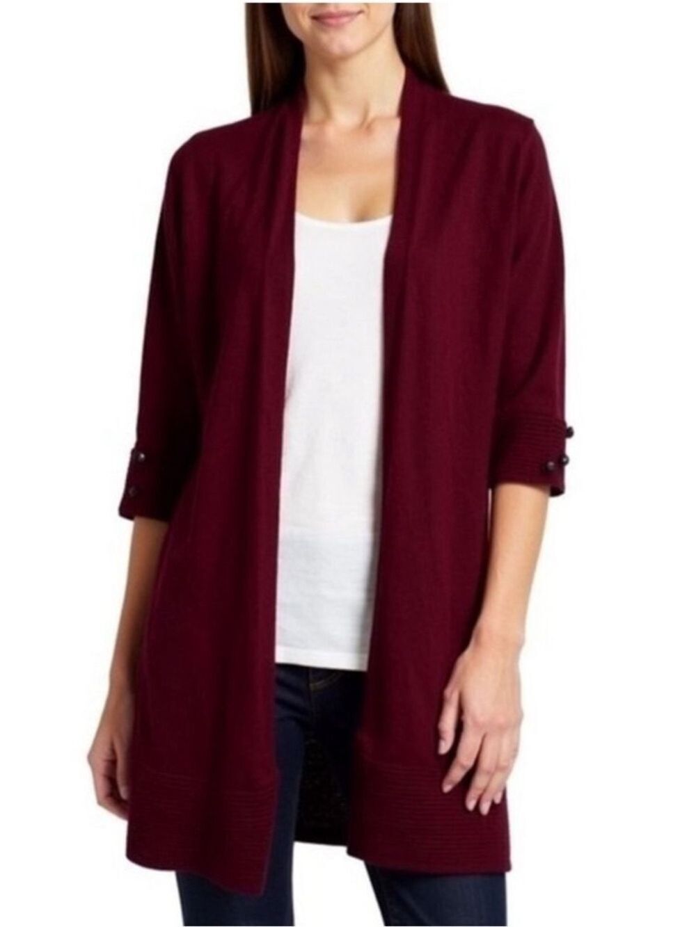 Evolution by Cyrus Ribbed Cardigan Small Burgundy Open Front Knit Lightweight